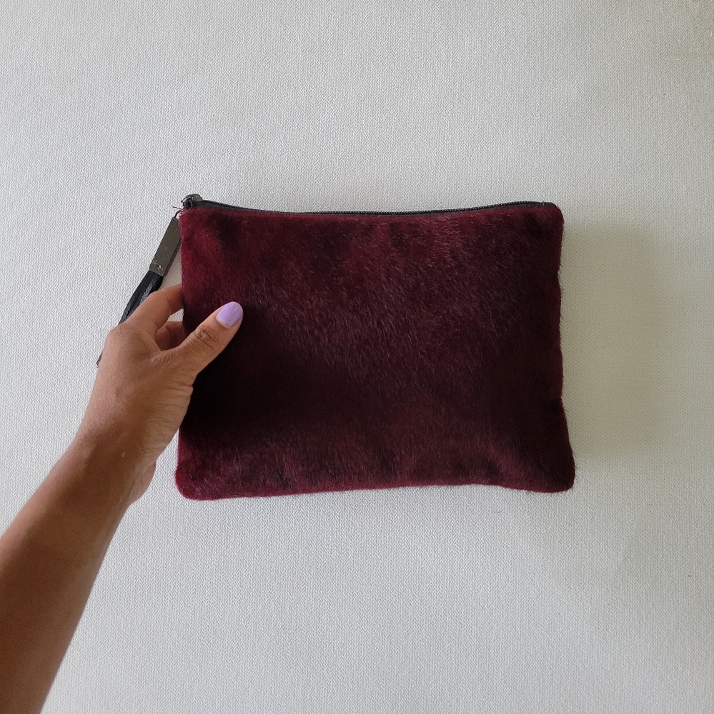 NORDSTROM Burgundy Faux Fur Make Up Pouch